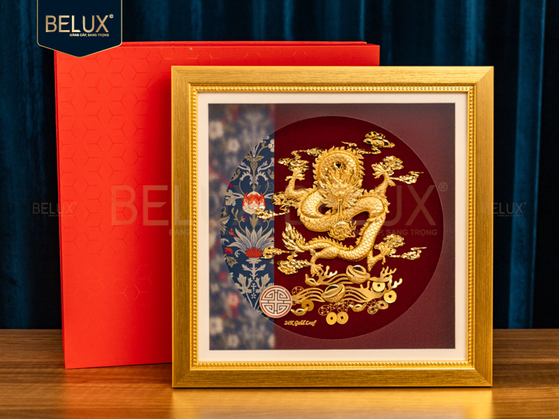 Tranh Rồng chầu ngọc dát vàng 24k 30x30cm